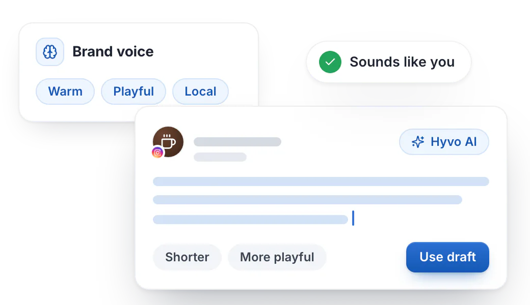 Hyvo AI writing an Instagram caption in a coffee shop's brand voice (warm, playful, local), marked as sounding like you