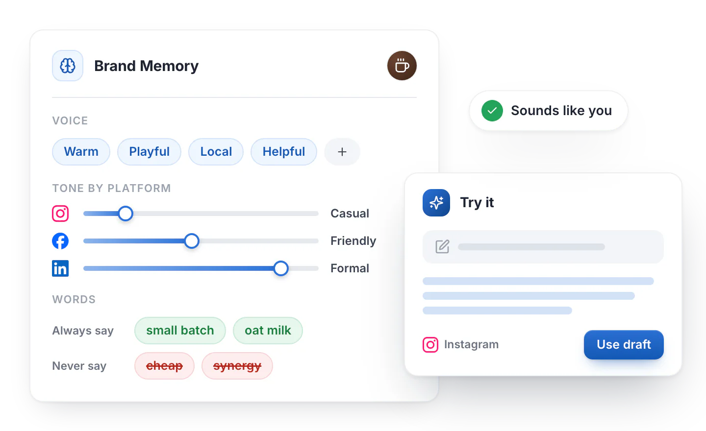 Brand Memory in Hyvo: voice traits, the tone for Instagram, Facebook and LinkedIn, words to always and never say, and a Hyvo AI draft that sounds like you