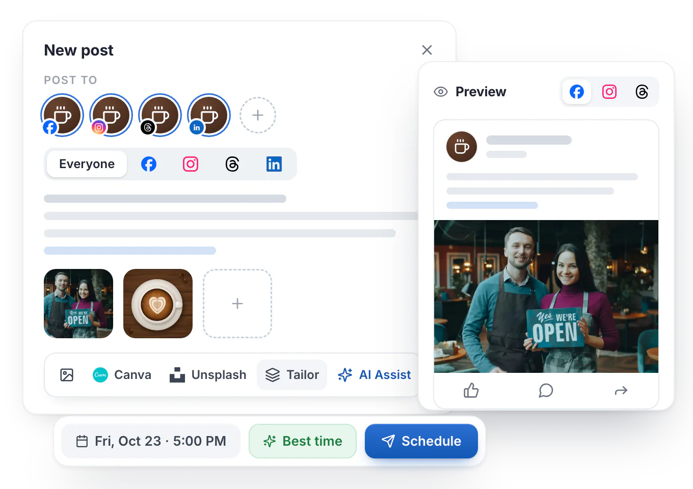 The Hyvo composer: one post for Facebook, Instagram, Threads and LinkedIn, a live Facebook preview, and scheduling for Friday at 5:00 PM, the best time