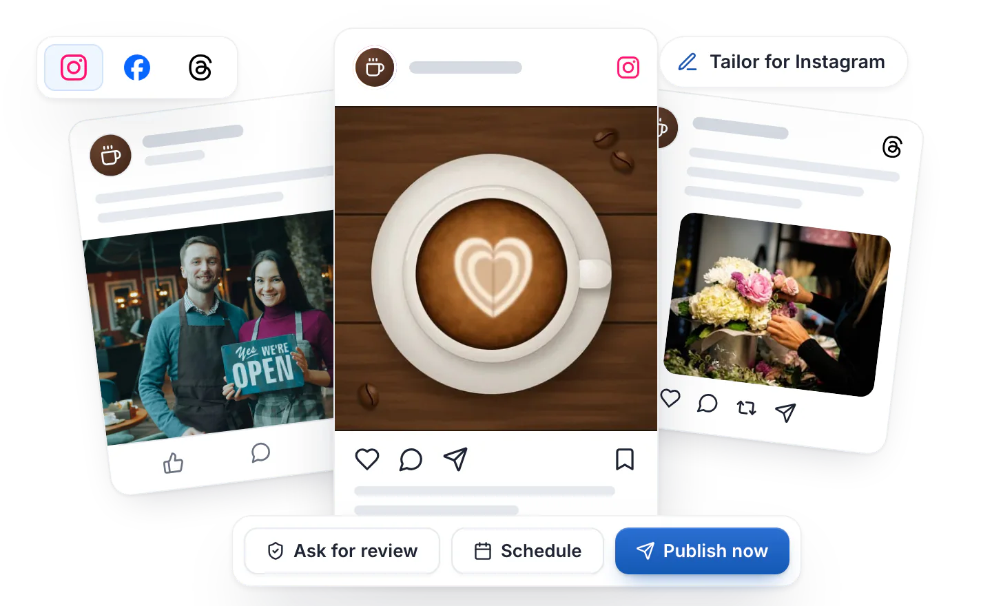 Previews of one post on Instagram, Facebook and Threads in Hyvo, with buttons to tailor it for Instagram, ask for review, schedule or publish now