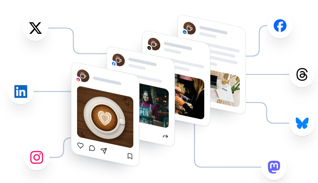 One post with a version for each platform, going out to X, LinkedIn, Instagram, Facebook, Threads, Bluesky and Mastodon