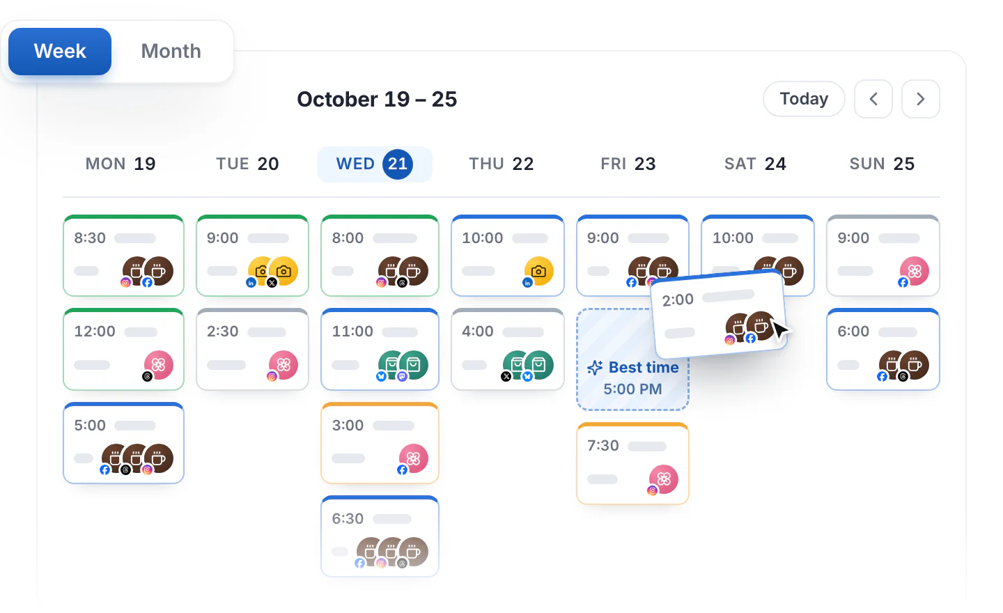 A week in the Hyvo calendar, with a post being moved to Friday's best time, 5:00 PM