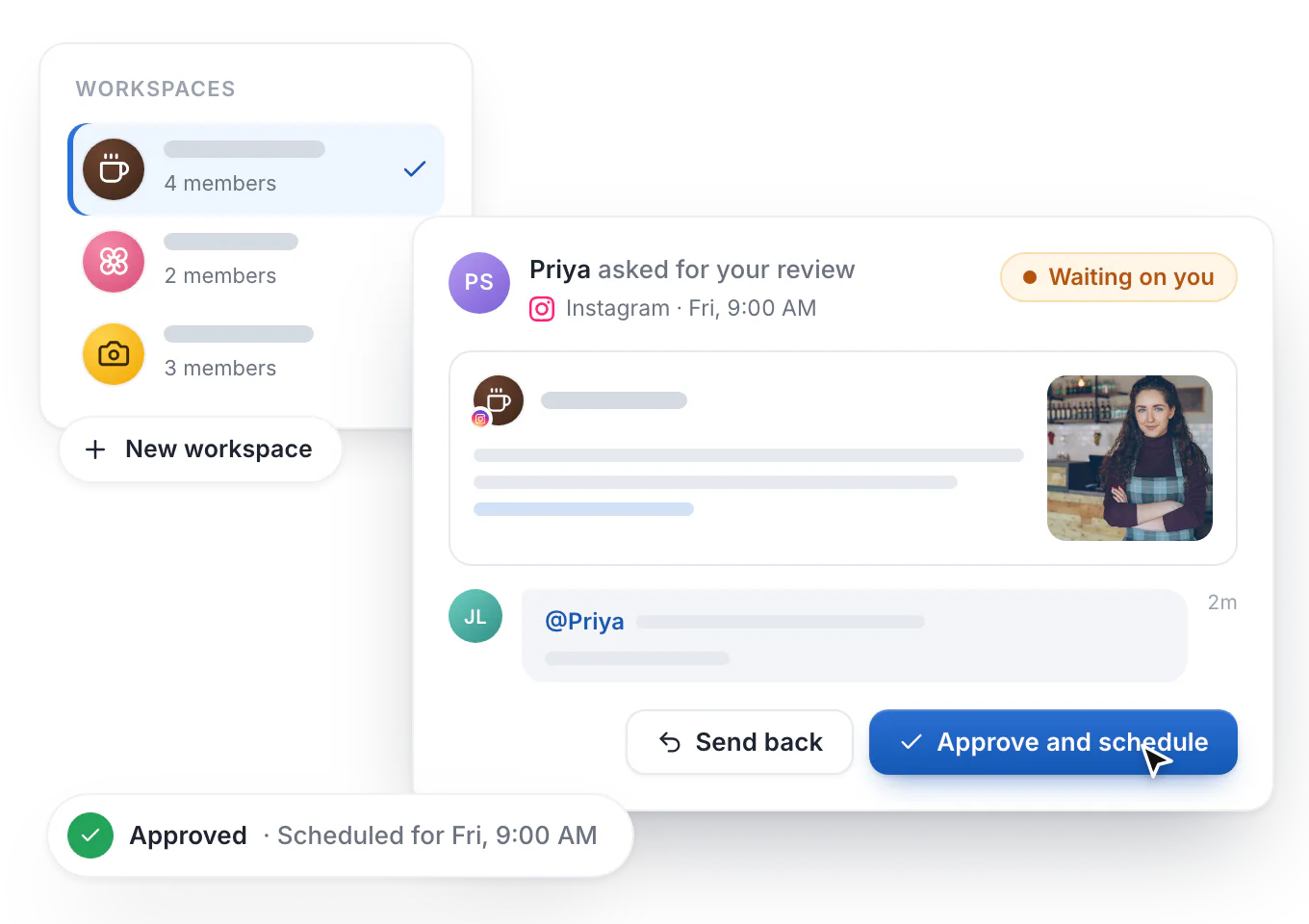 A teammate asks for a review of an Instagram post in Hyvo, and it is approved and scheduled for Friday at 9:00 AM. Each brand has its own workspace.