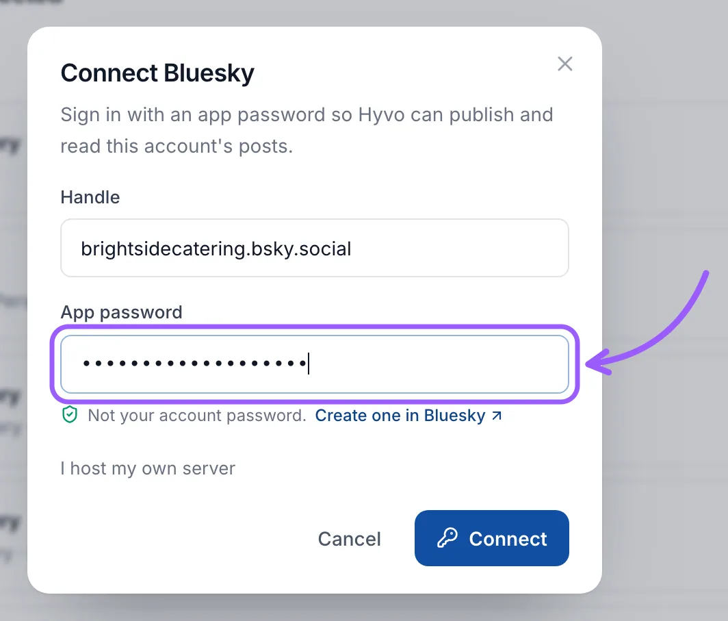 Hyvo Connect Bluesky window with a handle filled in and the App password field highlighted, with the hint Not your account password