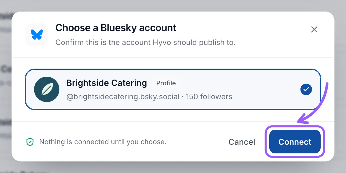 Hyvo Choose a Bluesky account window with one profile selected and the Connect button