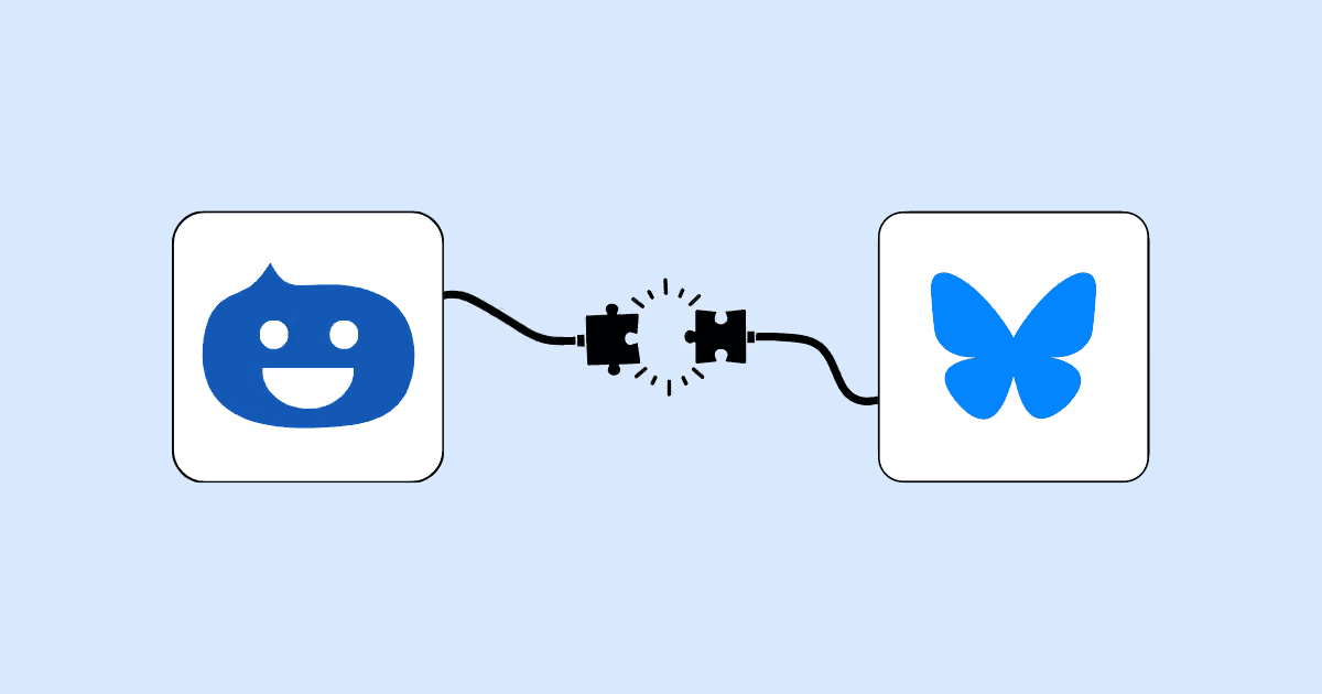 The Hyvo mascot linked by a cable and puzzle pieces to the Bluesky logo, for the guide How to Connect Bluesky to Hyvo