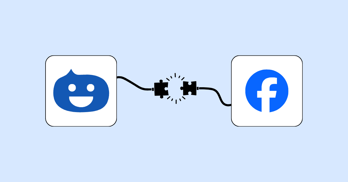 The Hyvo mascot linked by a cable and puzzle pieces to the Facebook logo, for the guide How to Connect Your Facebook Page to Hyvo
