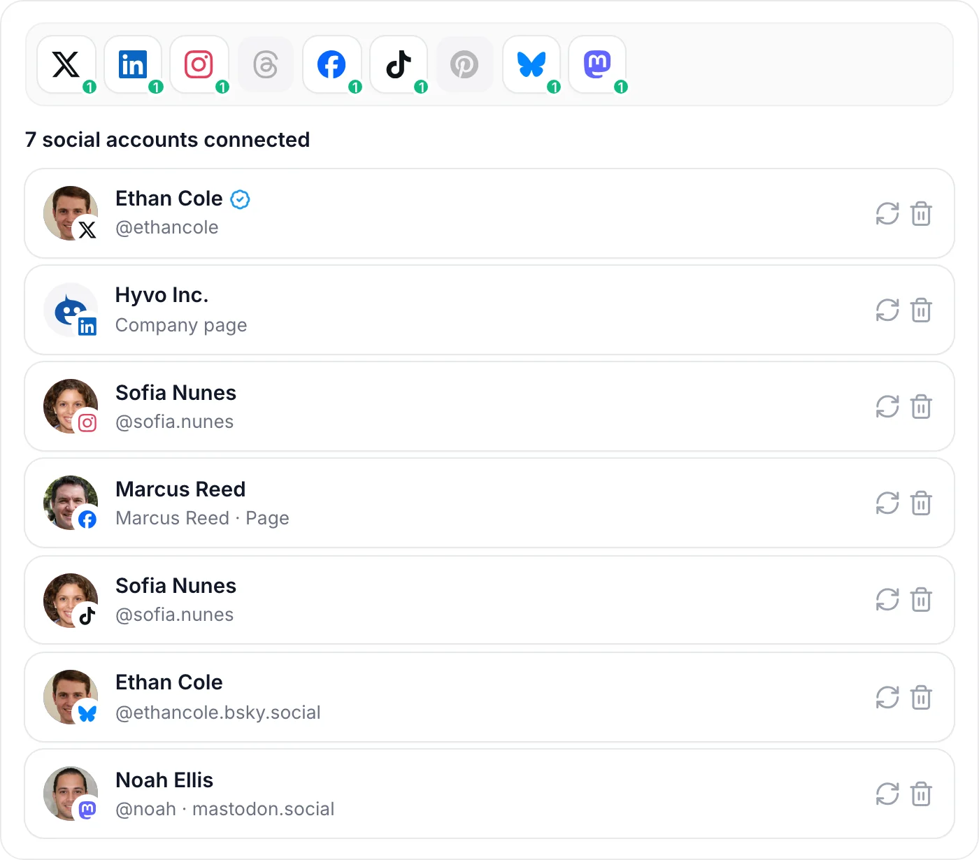 Seven social accounts connected across X, LinkedIn, Instagram, Facebook, TikTok, Bluesky and Mastodon