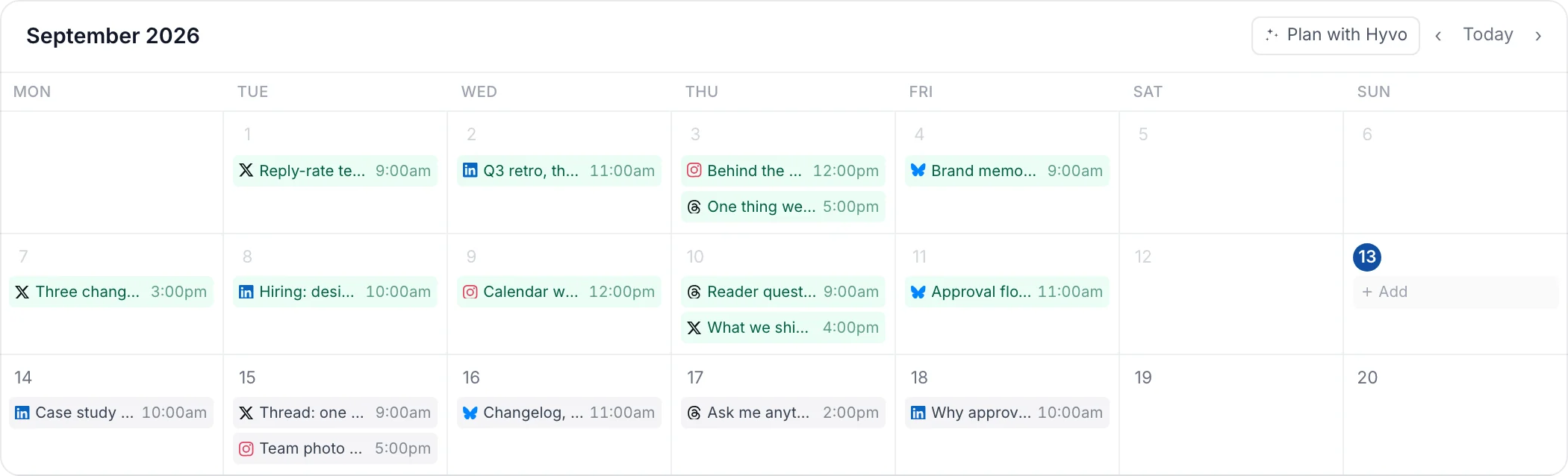 The Hyvo content calendar with posts scheduled across networks for September