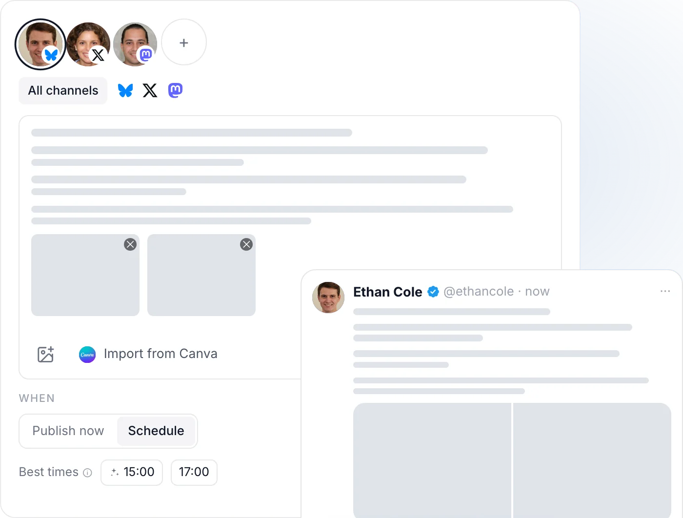 The Hyvo composer drafting one post for Bluesky, X and Mastodon, with a live preview