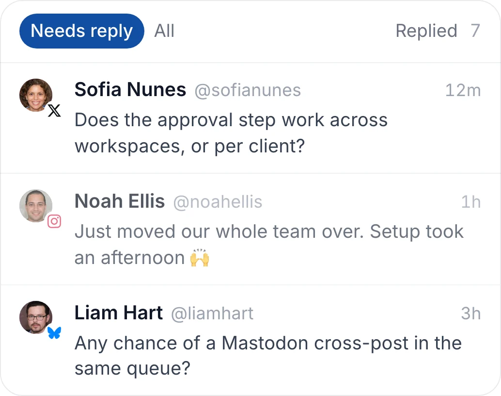 The unified inbox listing comments that need a reply