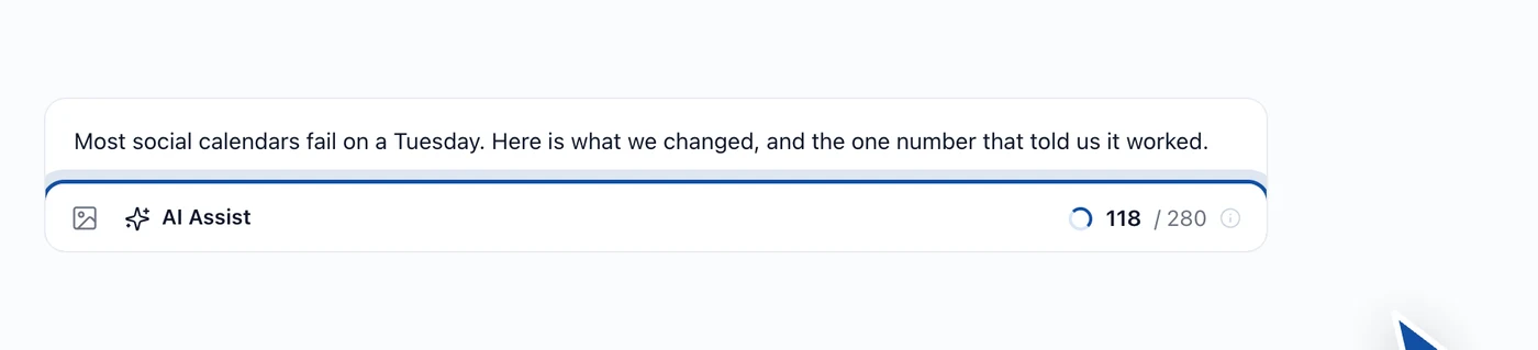 The composer footer showing a live character count against the account limit 1400x319 "The counter reads from the account, not from an average of all of them."