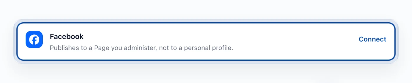 A connected Facebook account row 1400x283 "Connected as a Page, with what that Page allows written on the row."