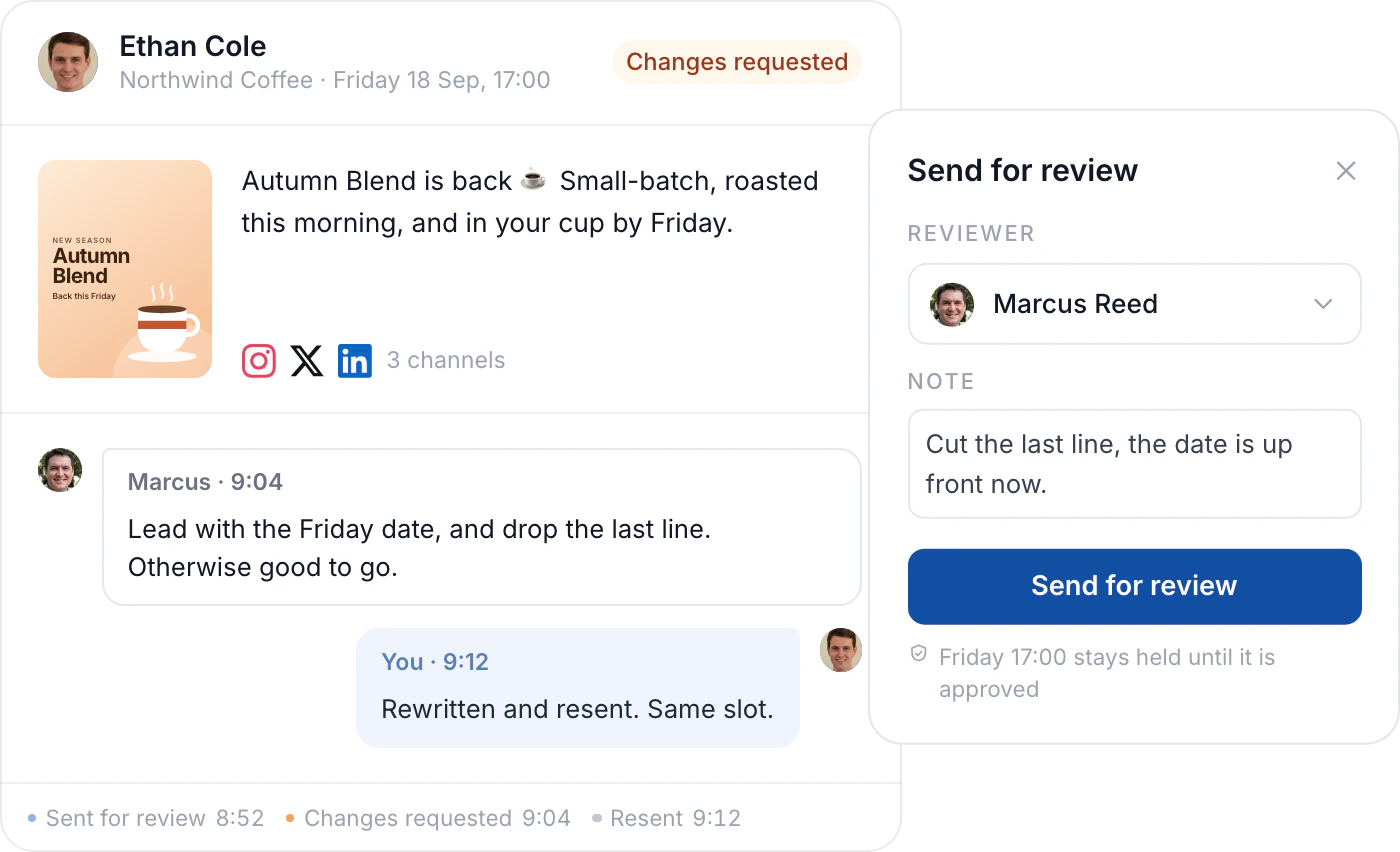 A post marked changes requested, showing the reviewer's note, the reply to it, and the panel for sending the new version back