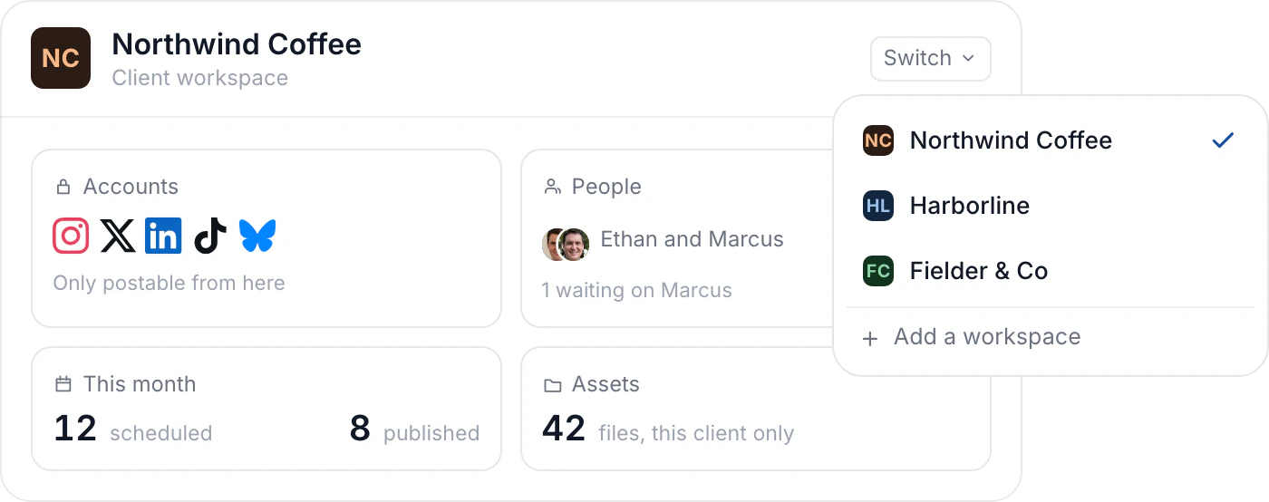 A client workspace holding its own accounts, people, calendar and files, with the switcher open on the three clients