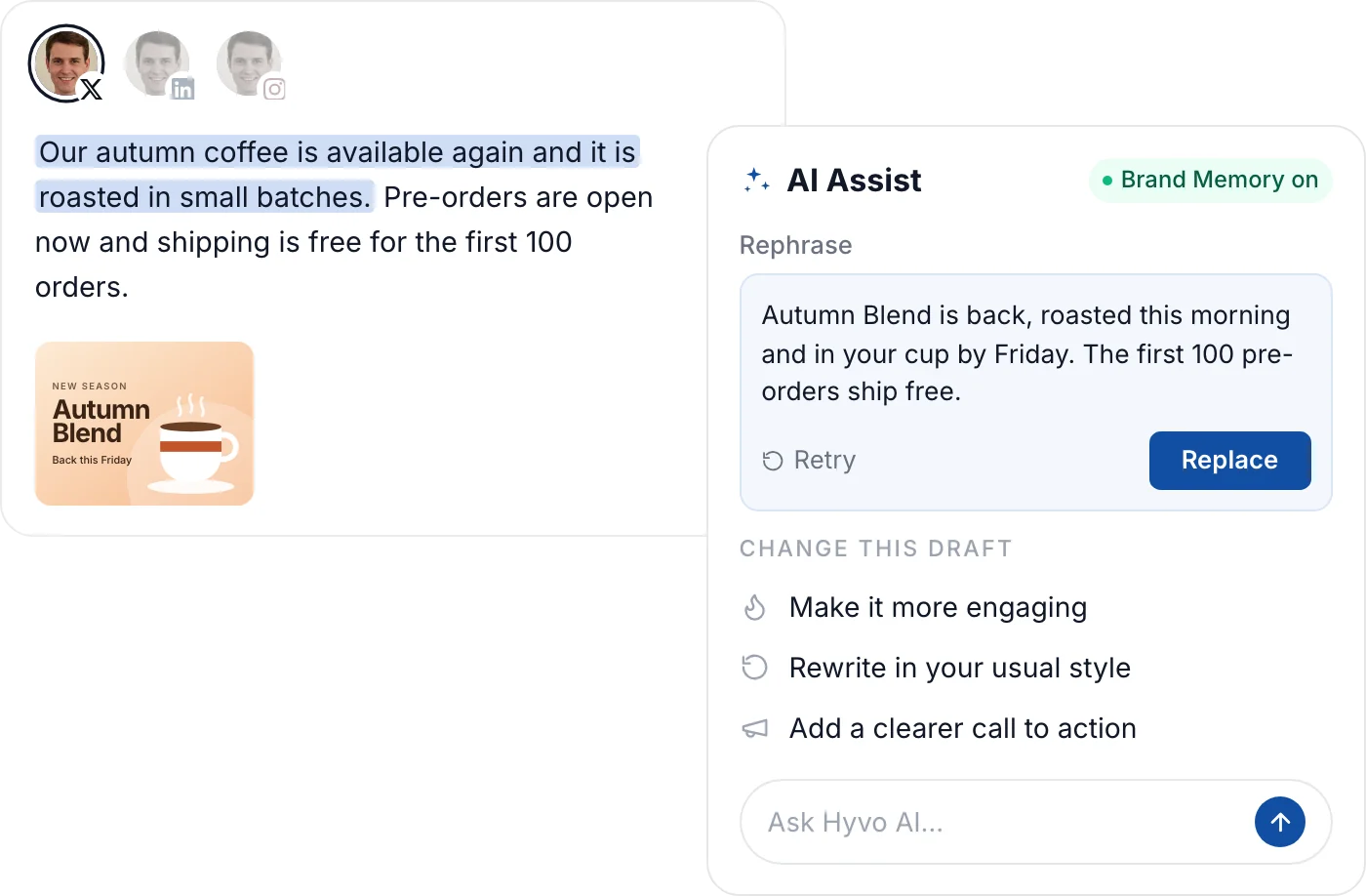 AI Assist rephrasing a highlighted passage of a draft, with Brand Memory on