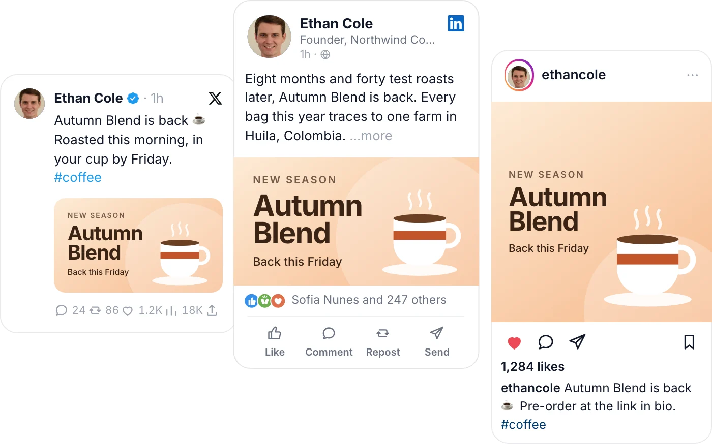 One post as X, LinkedIn and Instagram each show it, with the copy tailored for each network