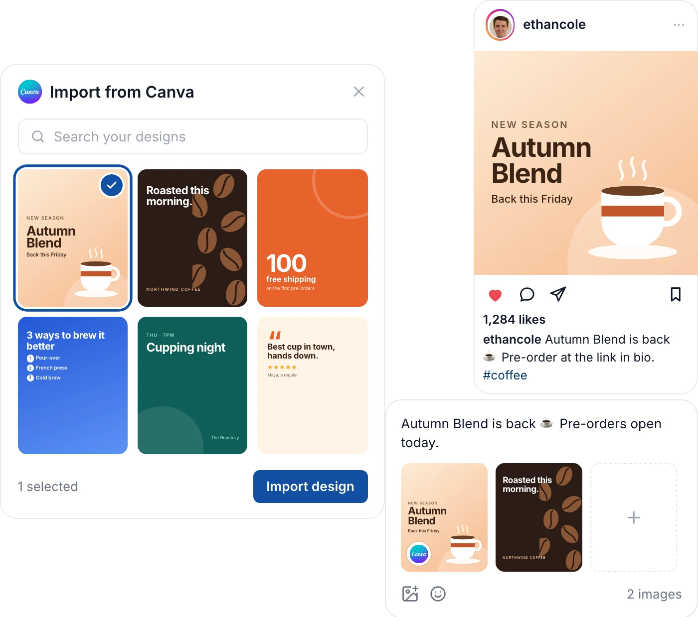 Choosing a design in the Canva import, the design added to the composer, and the Instagram post it becomes