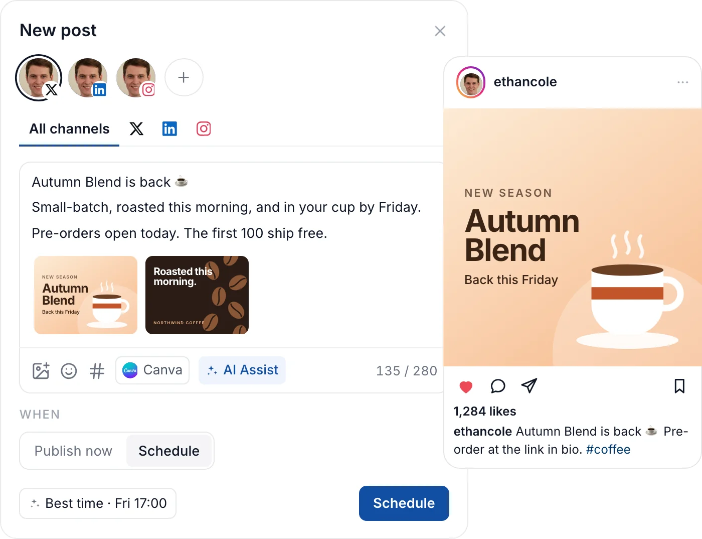 The Hyvo composer writing one post for X, LinkedIn and Instagram, beside its Instagram preview