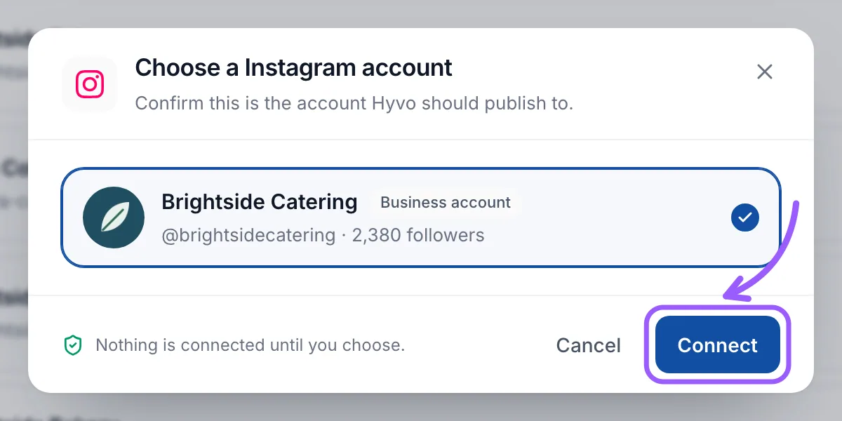 Hyvo account chooser listing one Instagram business account with a Connect button