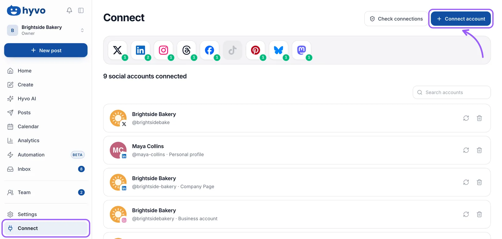 Hyvo Connect page in an example workspace, with the Connect item in the sidebar and the Connect account button highlighted