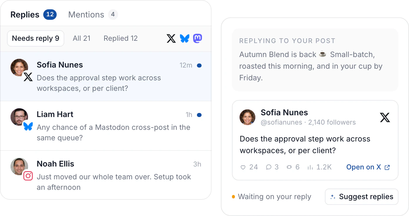 The inbox: replies from X, Bluesky and Instagram in one list, with the selected reply open beside the post it answers