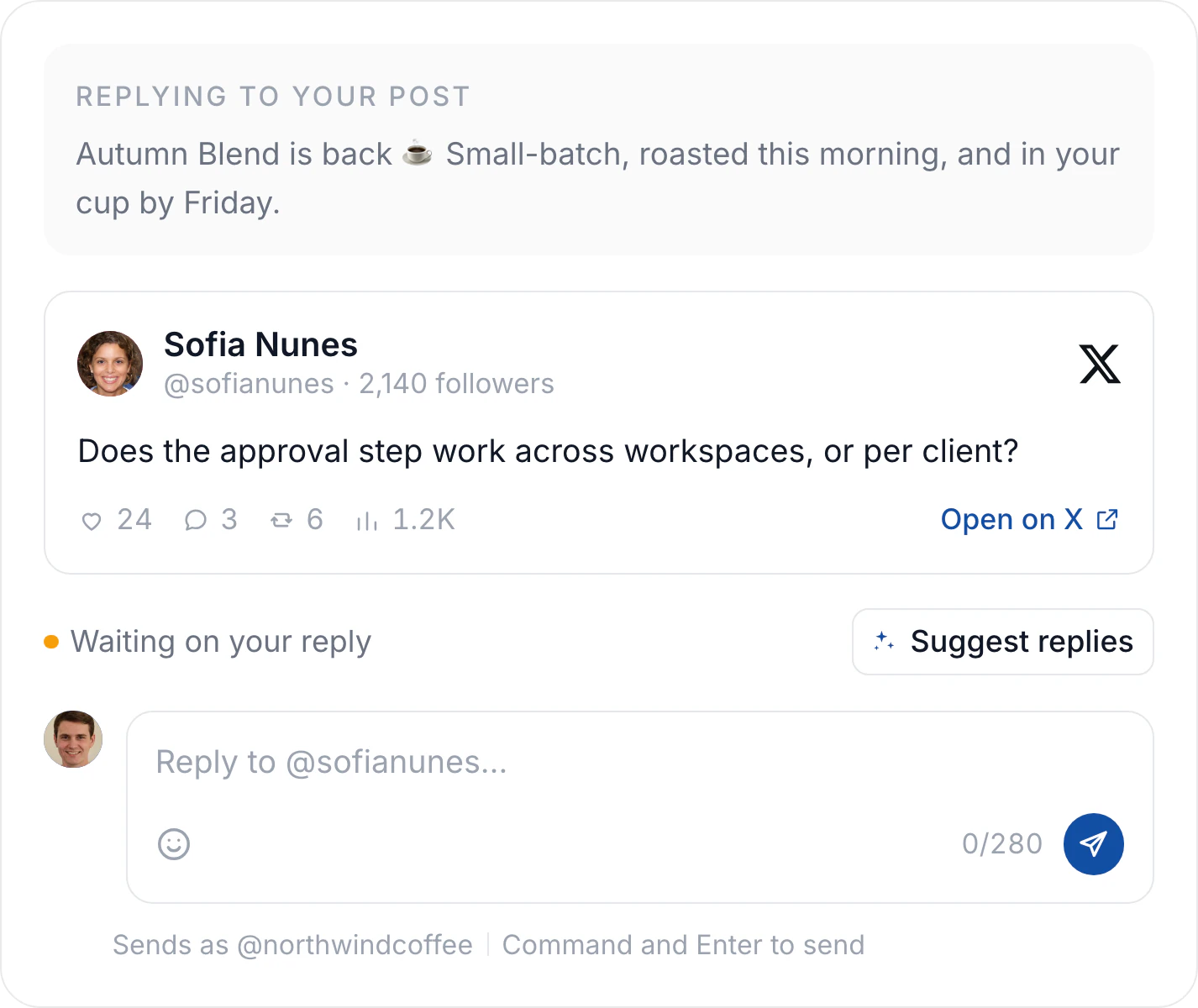 One reply with the post it answers above it, its likes, reposts and views, and the box it is answered from