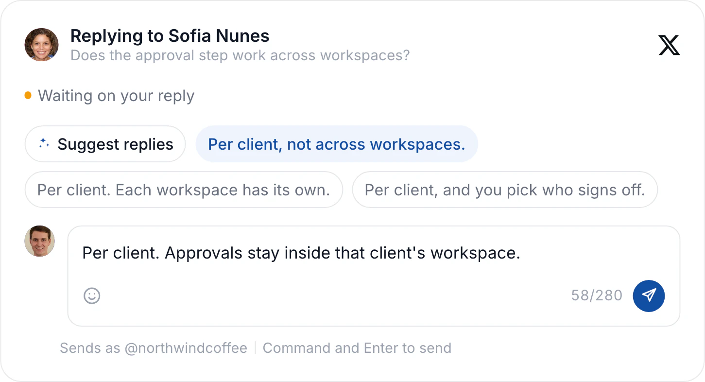 Three suggested replies offered beside the Suggest replies button, with the chosen one finished by hand in the reply box