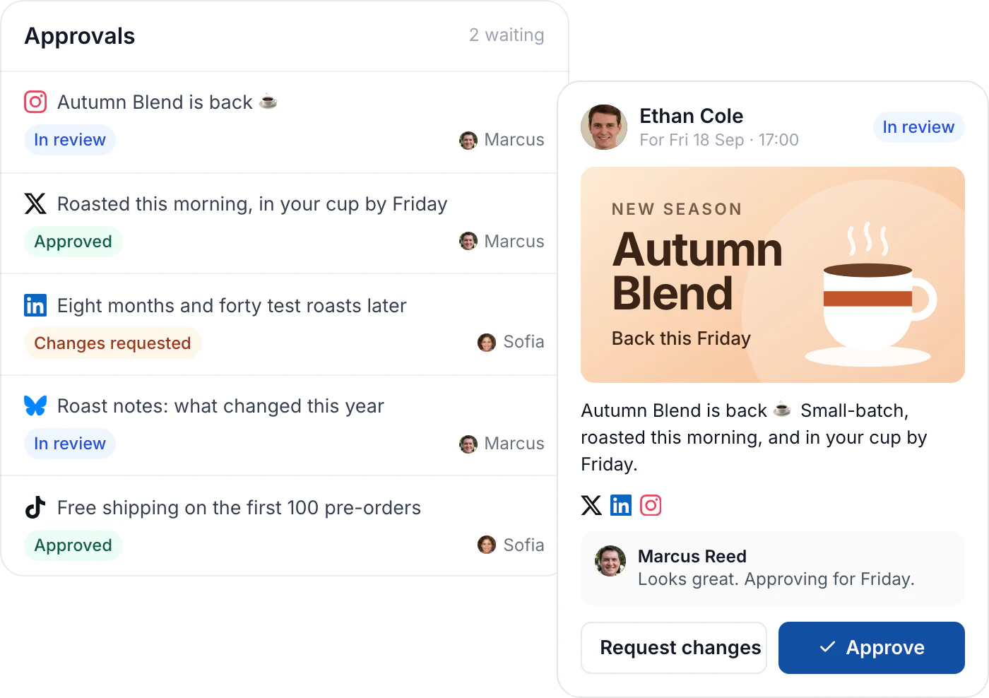 The approvals queue with posts in review, approved and changes requested, beside a post a reviewer is approving for Friday