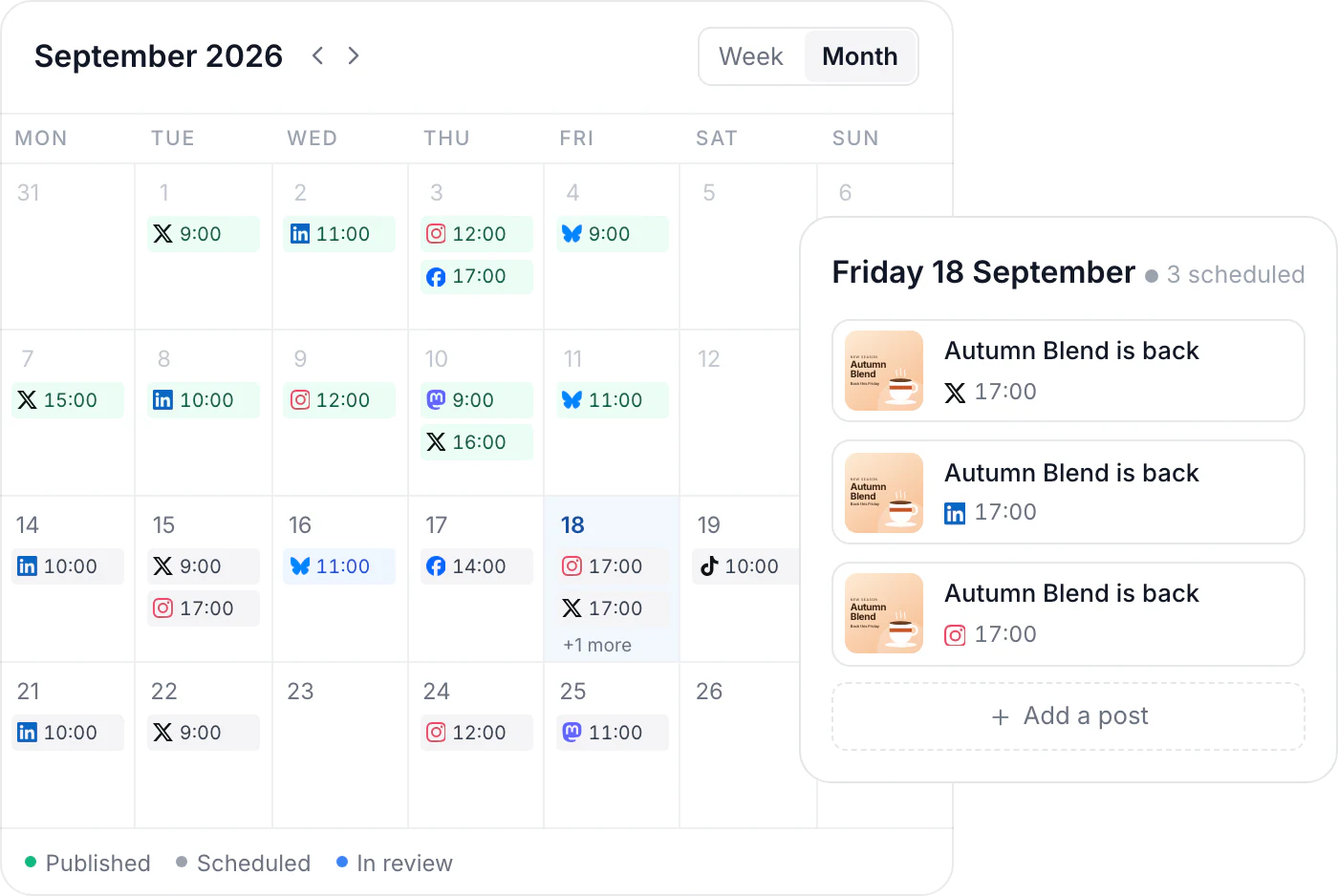 The September content calendar marking published, scheduled and in-review posts, beside Friday's agenda of three scheduled posts