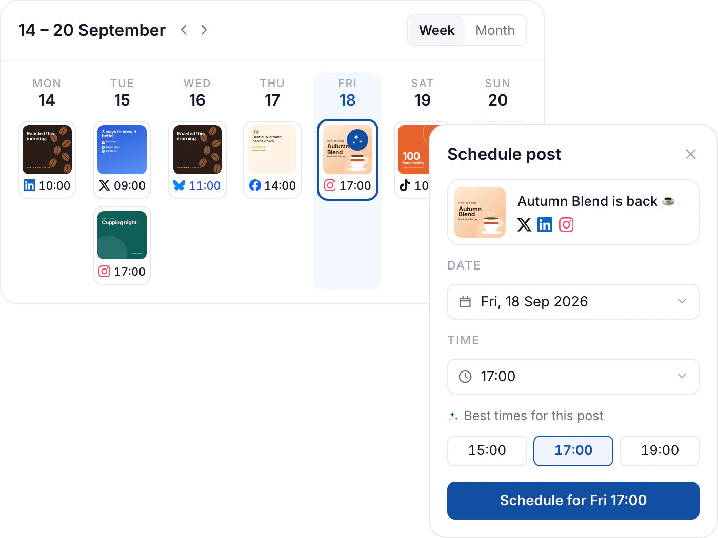 The Hyvo week view with posts scheduled across networks, and the Autumn Blend post being scheduled for Friday at its best time, 17:00