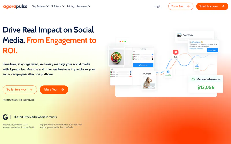Agorapulse homepage with the headline Drive real impact on social media, from engagement to ROI