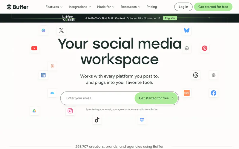 Buffer homepage with the headline Your social media workspace, surrounded by social media icons