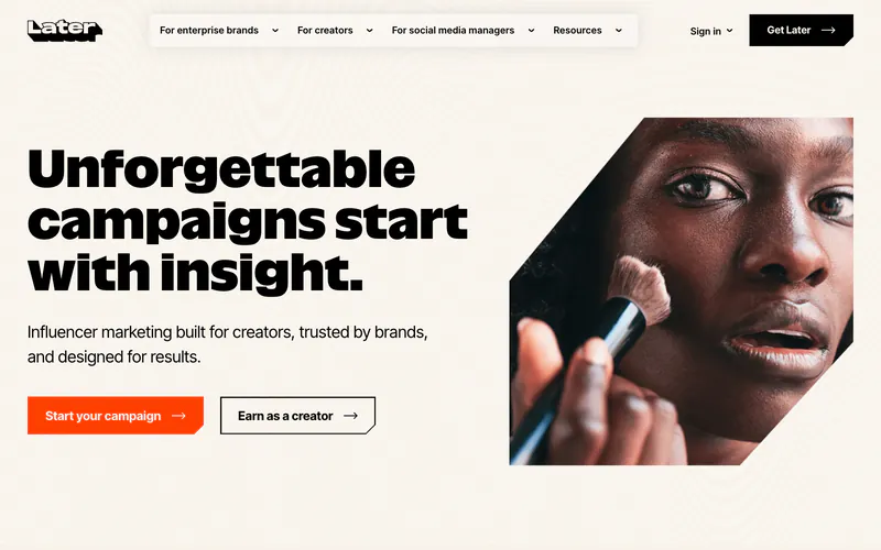 Later homepage with the headline Unforgettable campaigns start with insight