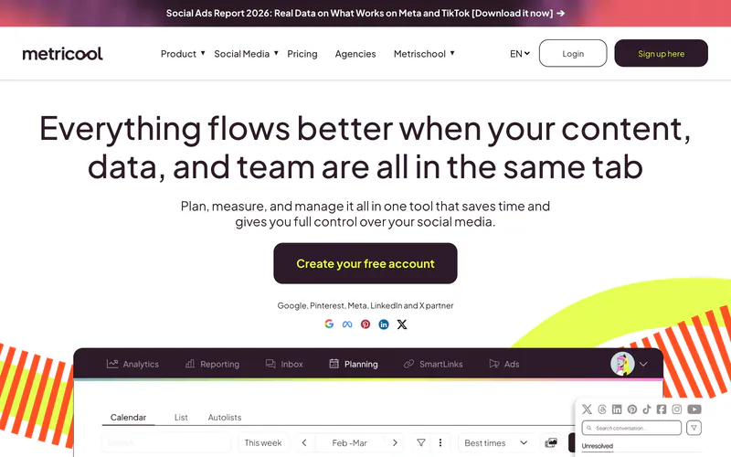 Metricool homepage with the headline Everything flows better when your content, data and team are all in the same tab