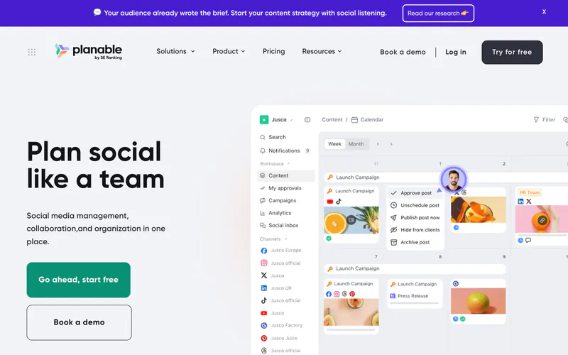 Planable homepage with the headline Plan social like a team, next to a content calendar