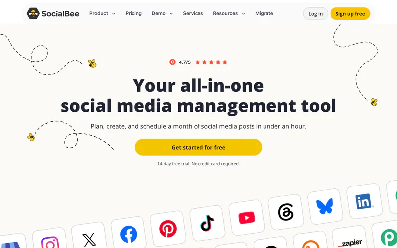 SocialBee homepage with the headline Your all-in-one social media management tool