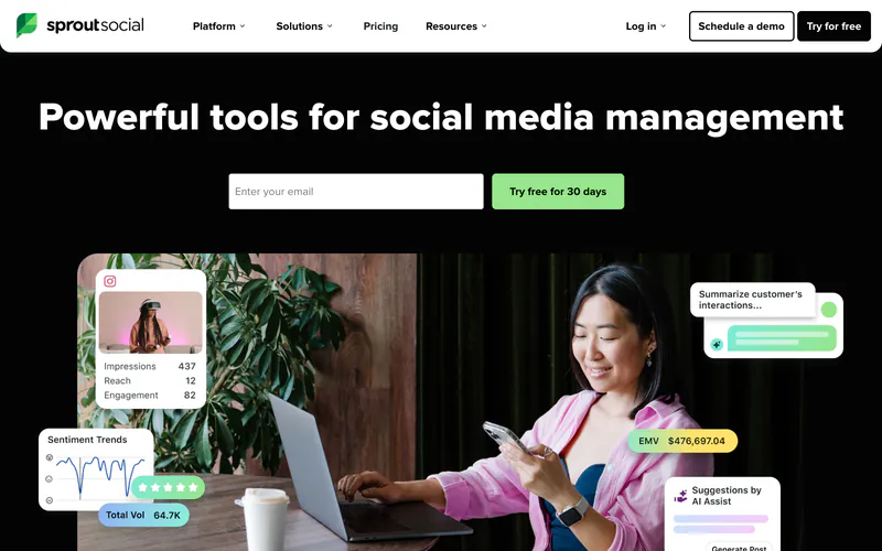 Sprout Social homepage with the headline Powerful tools for social media management