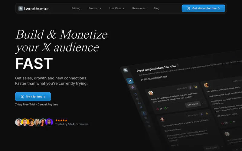 Tweet Hunter homepage with the headline Build and monetize your X audience fast
