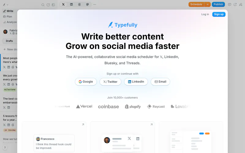Typefully homepage with the headline Write better content, grow on social media faster